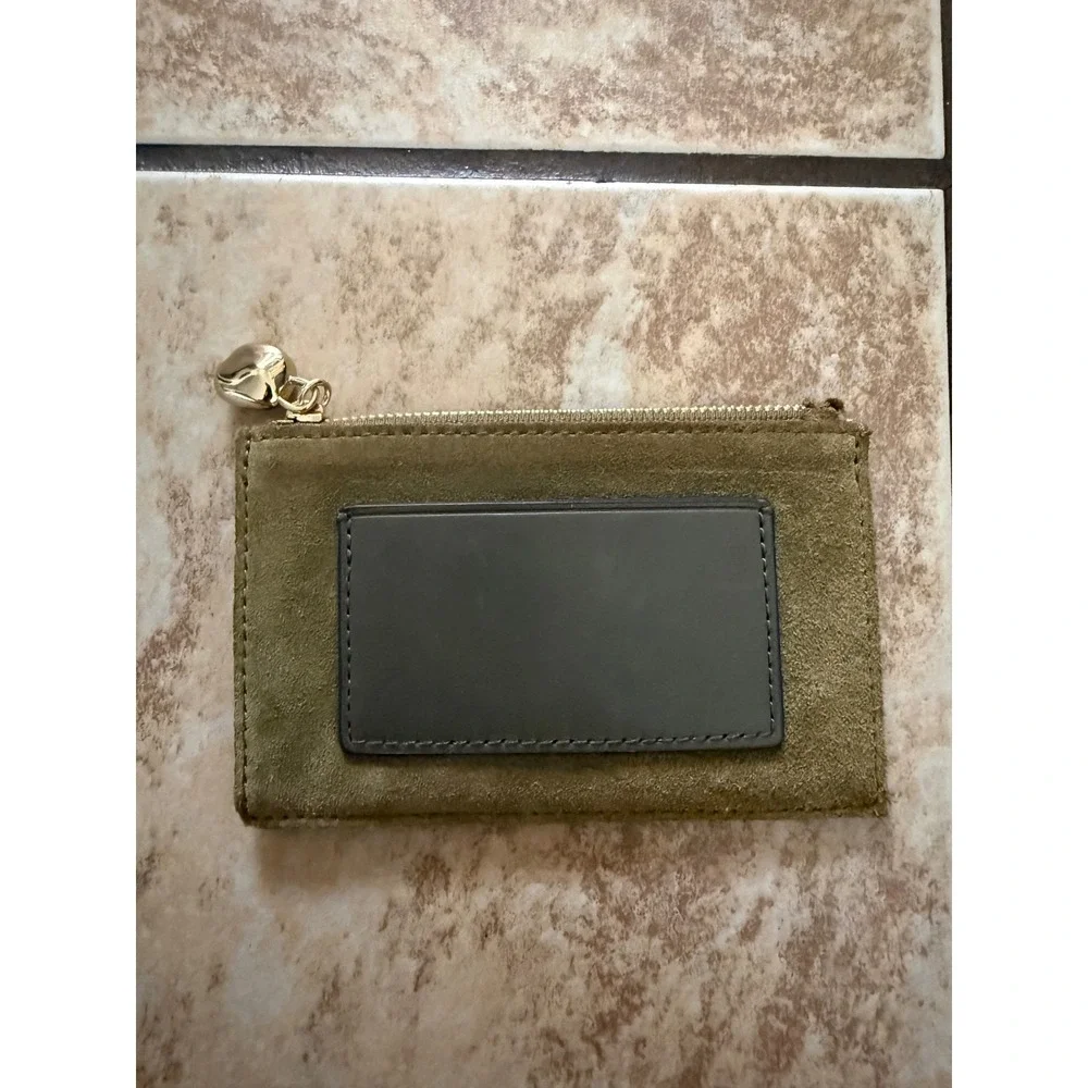 Madewell Olive Green Suede Zip Card Case Wallet with ID Window Gold Hardware